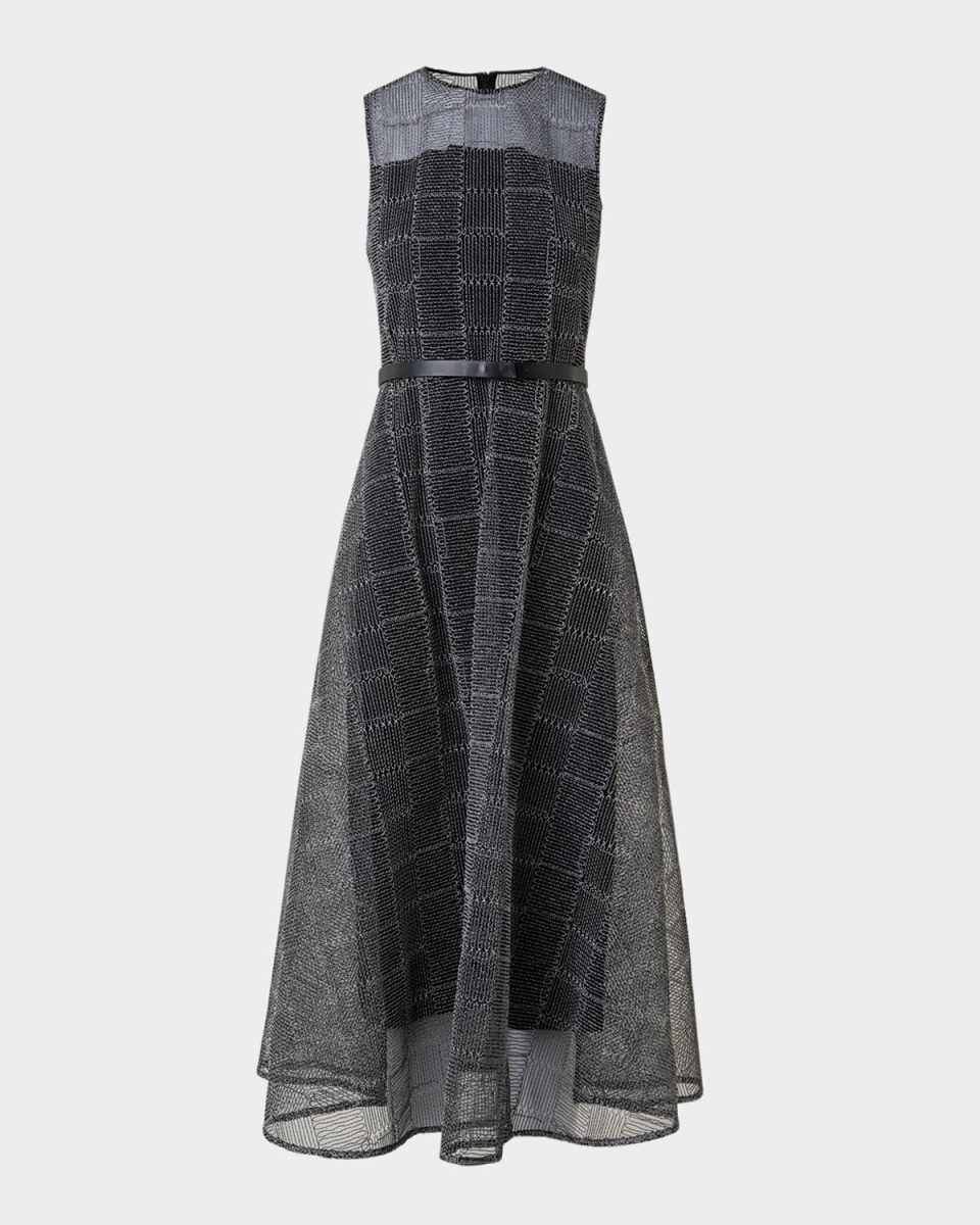 Square Embroidered Tulle Sleeveless Midi Dress
